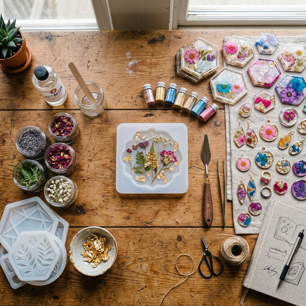DARE Studio workspace with handmade resin art pieces