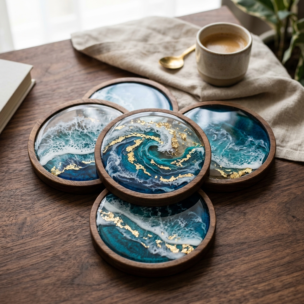 Ocean wave resin coaster set