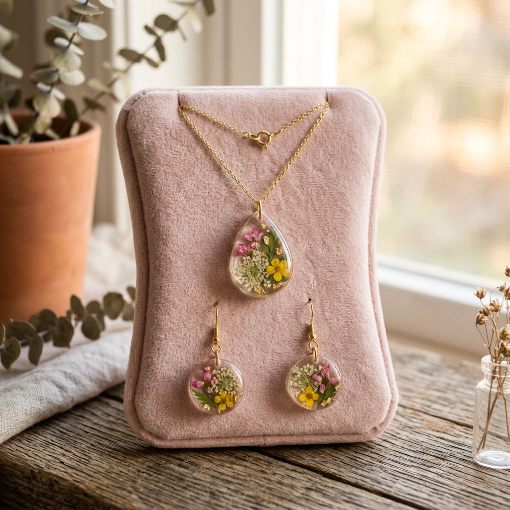 Handmade resin flower jewelry set
