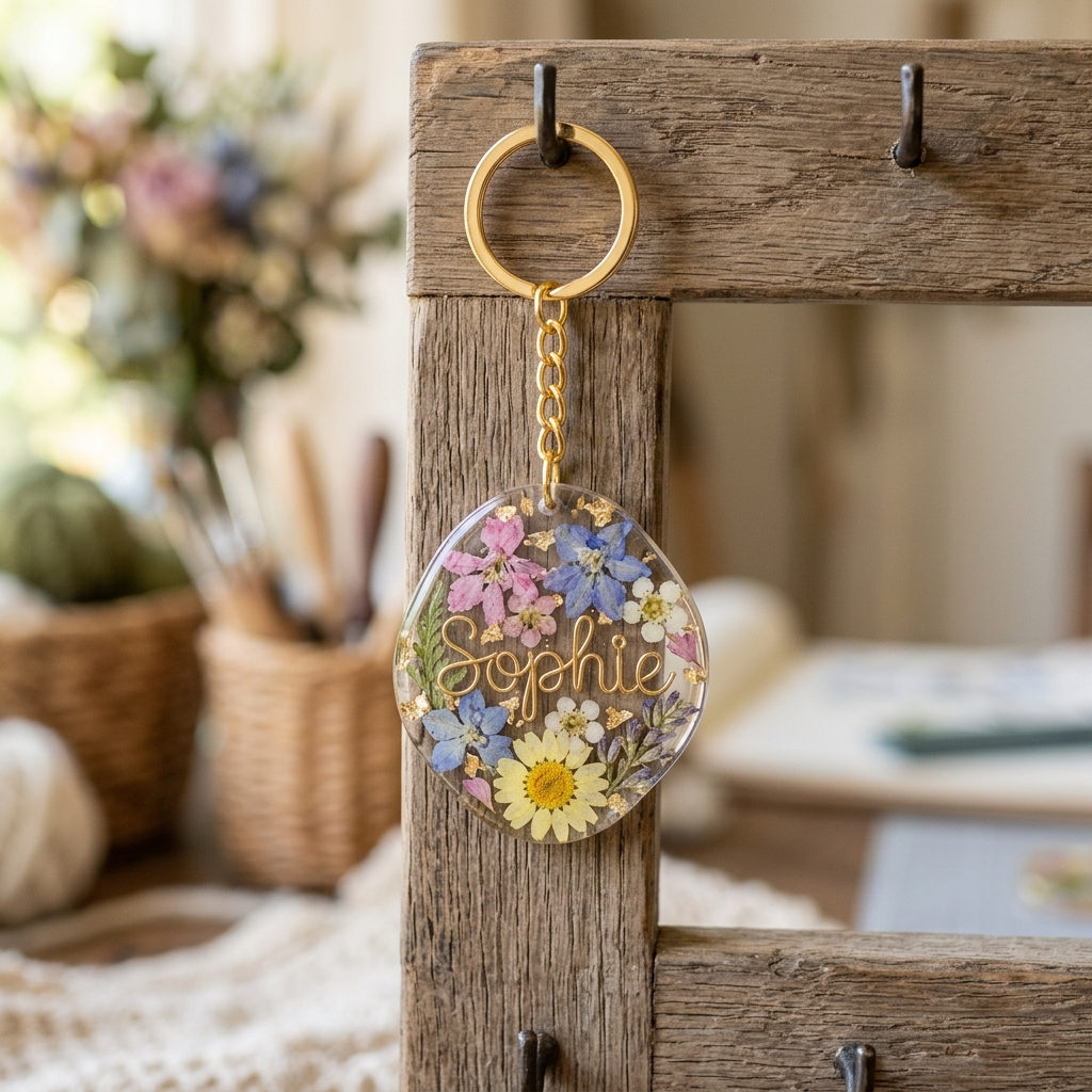 Handmade resin keychain with dried flowers
